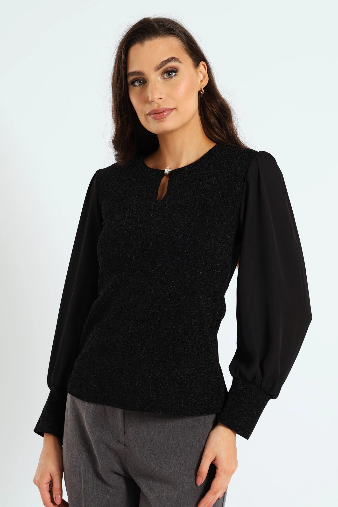 Keyhole Shimmer Combo Blouse - Black