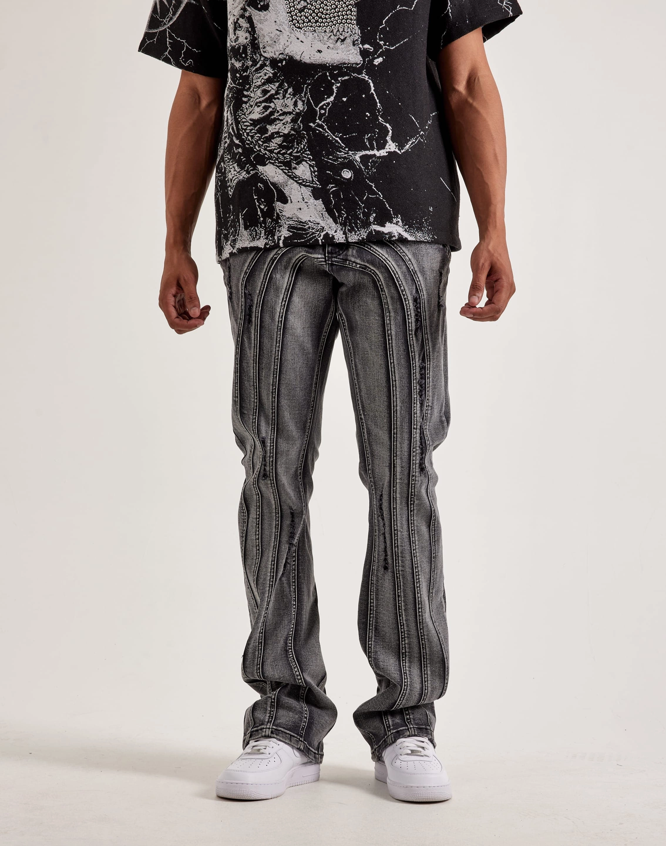 Kilogram Centric Moto Stacked Flare Jeans Online fashion shopping Silk - fabric fashion