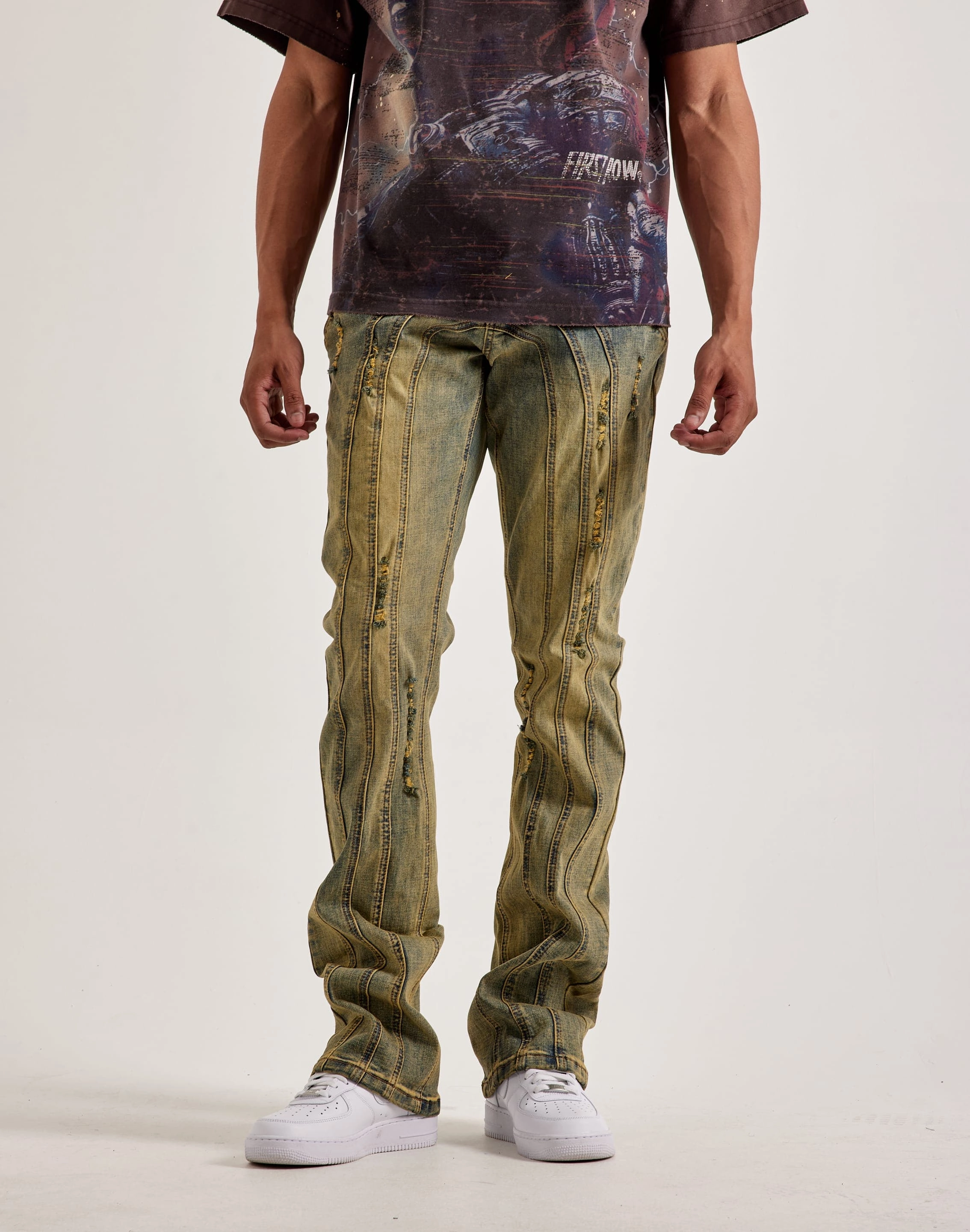 Kilogram Centric Moto Stacked Flare Jeans Preppy style items Organic fashion products