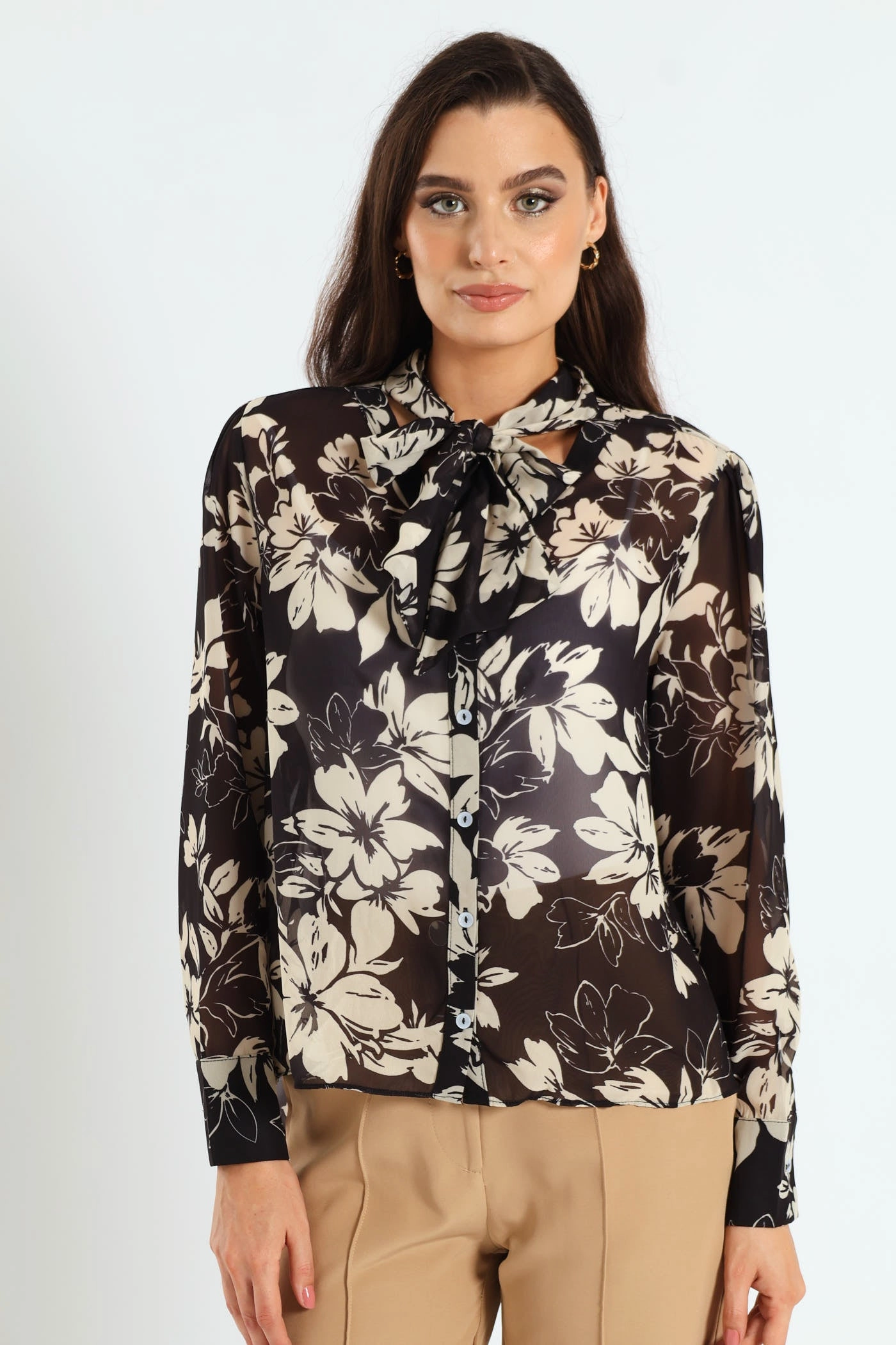 Kitty Bow Monochrome Floral Blouse - Black/Cream