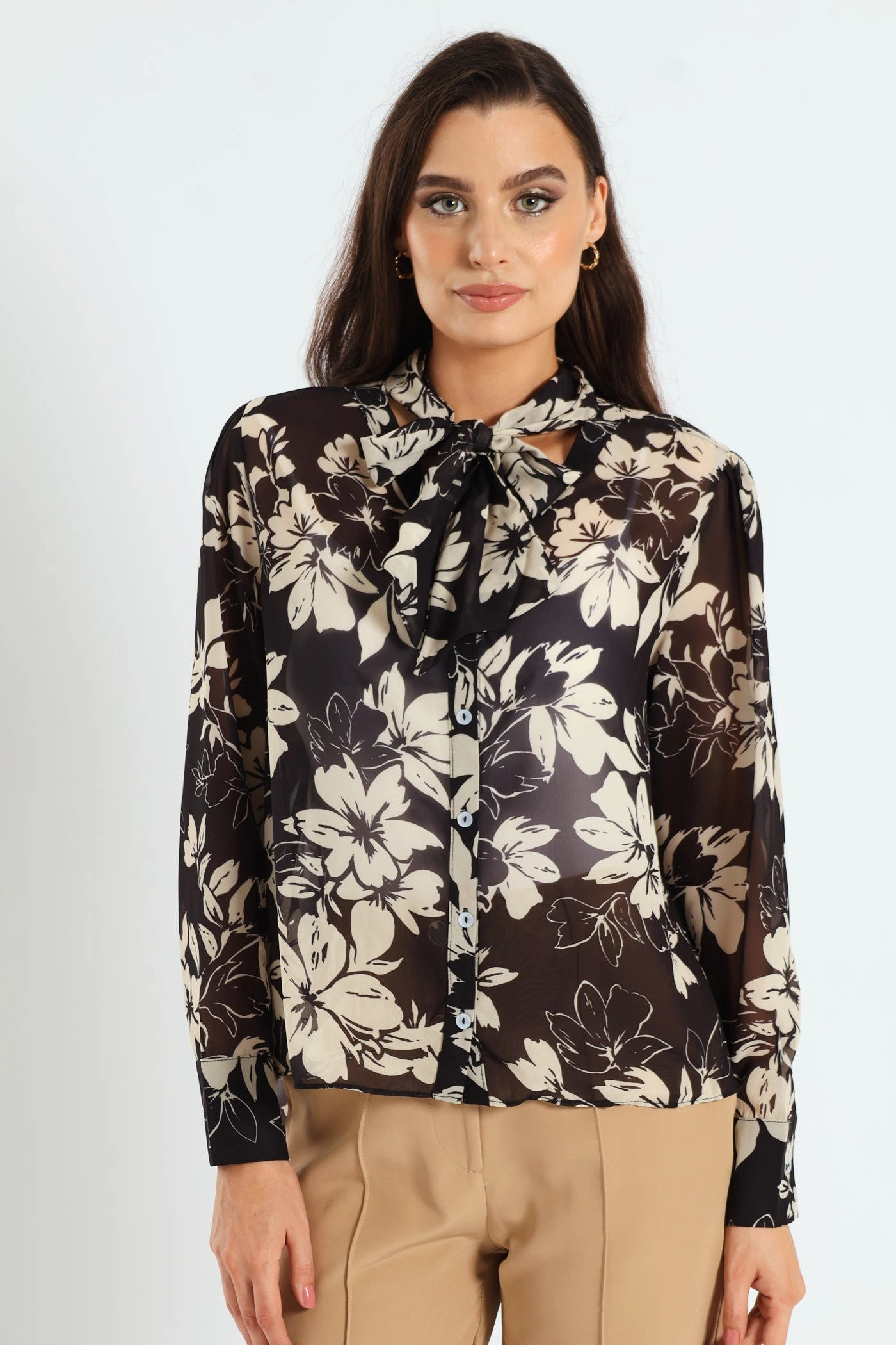 Kitty Bow Monochrome Floral Blouse - Black/Cream