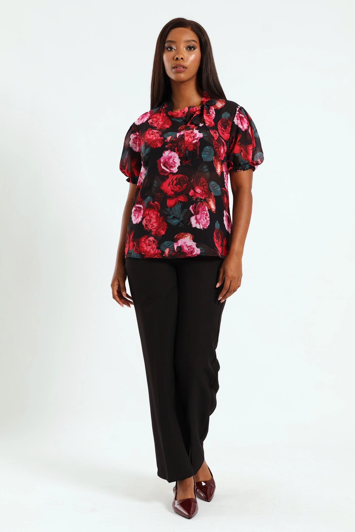 Kitty Bow Puff Sleeve Blouse - Black