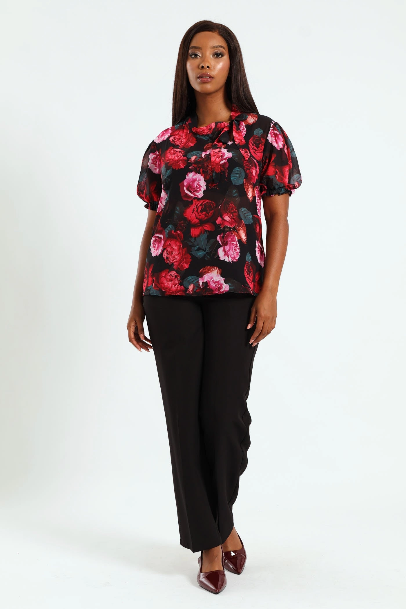 Kitty Bow Puff Sleeve Blouse - Black