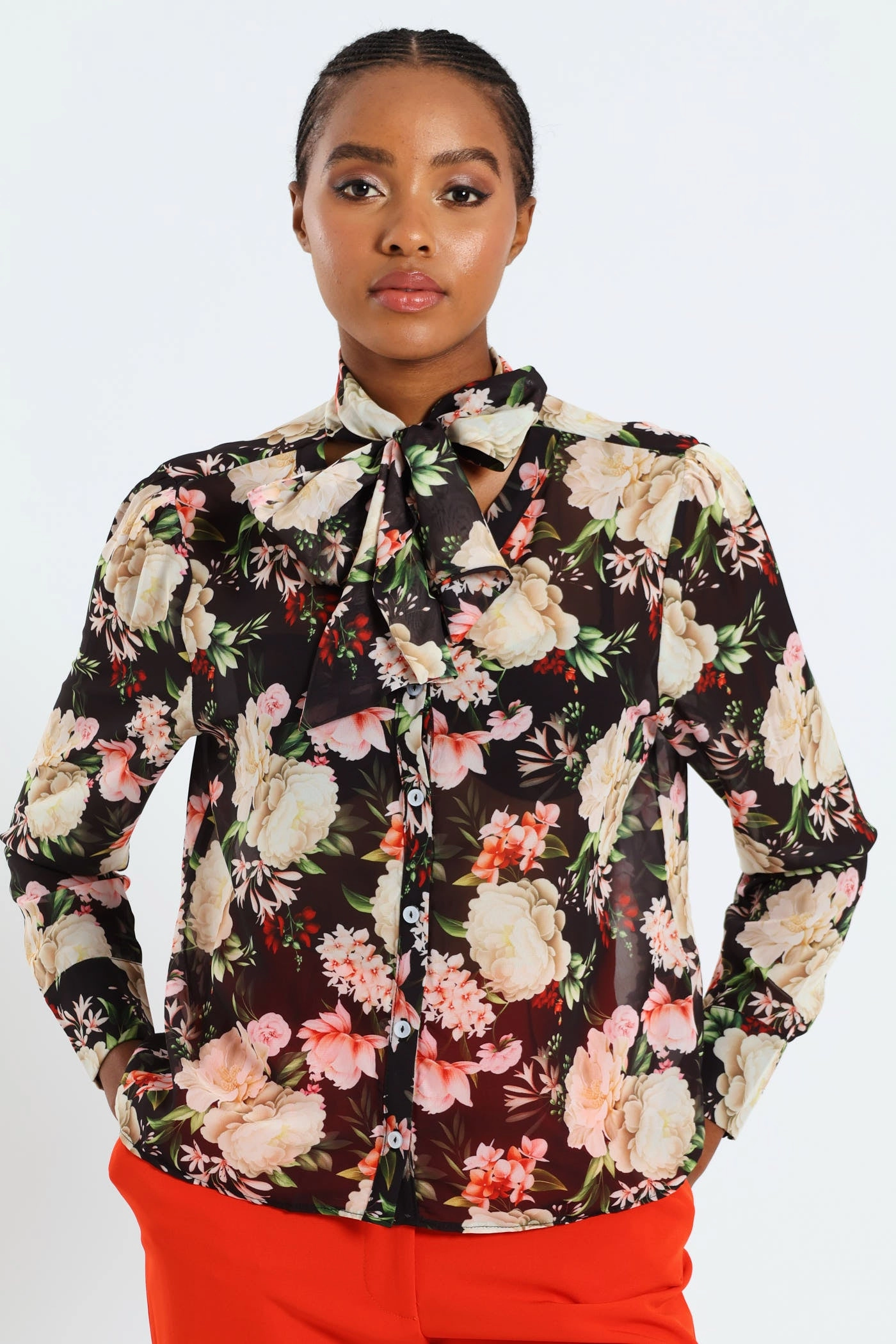 Kitty Bow Romantic Floral Blouse - Black