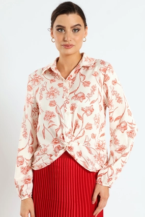Knot Tonal Floral Satin Shirt - Cream Fashion subscription services Runway fashion
