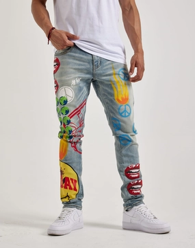 Leather - material fashion Embellish Nyc Graphic Denim Jeans Polyester - used fashion