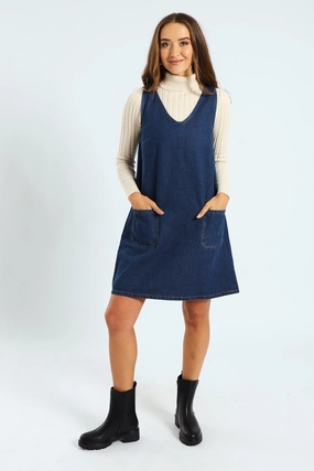 Leather - material fashion Mini Pinafore Dress - Dark Wash Fashion archives