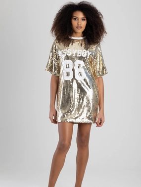 Linen - crafted fashion Boxy Loose Sequin Logo T-Shirt Dress - Gold Suede - finished fashion