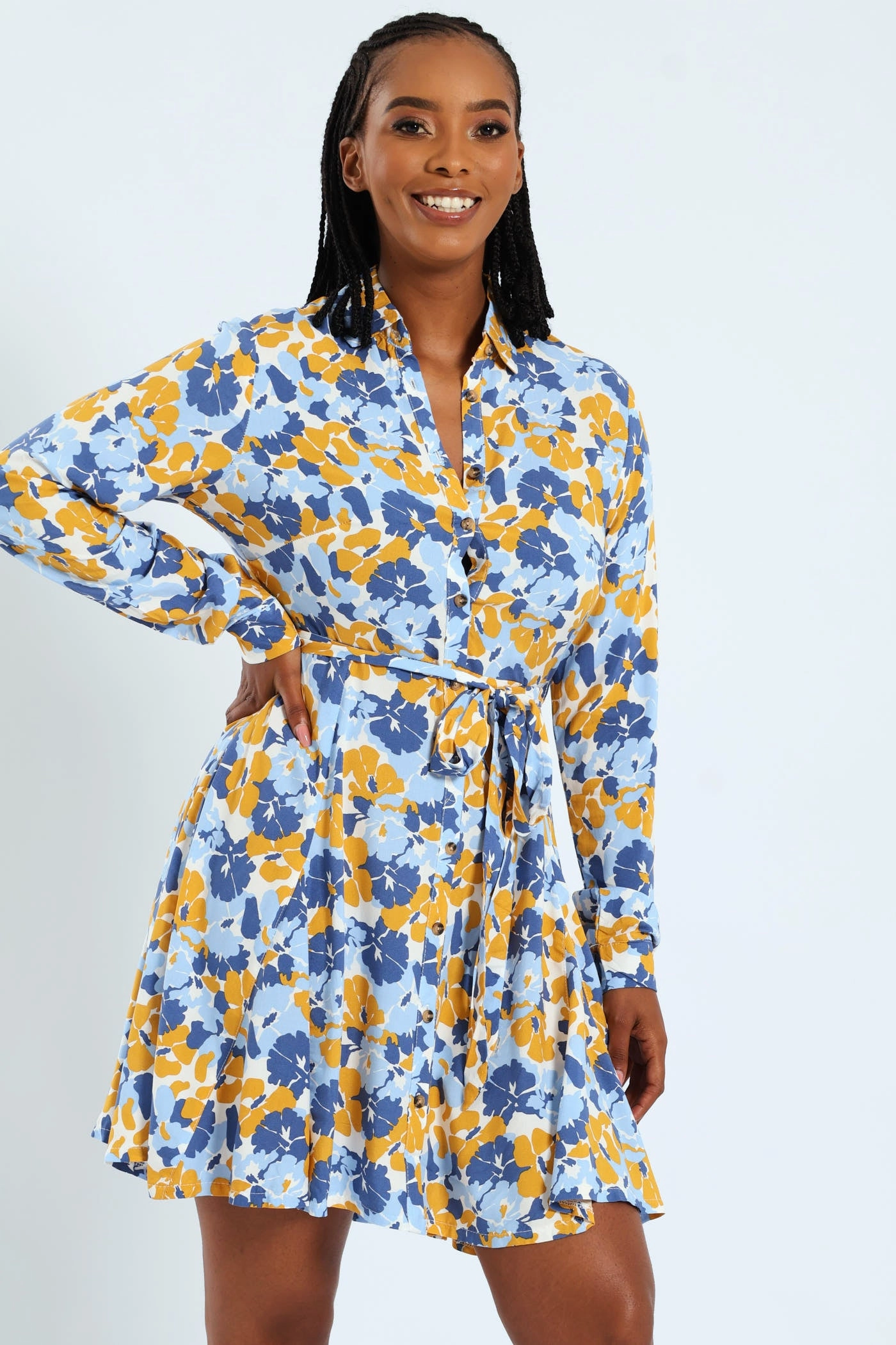 Long Sleeve Half Placket Sef Belted Godet Mini Dress Fashion shows High - end fashion