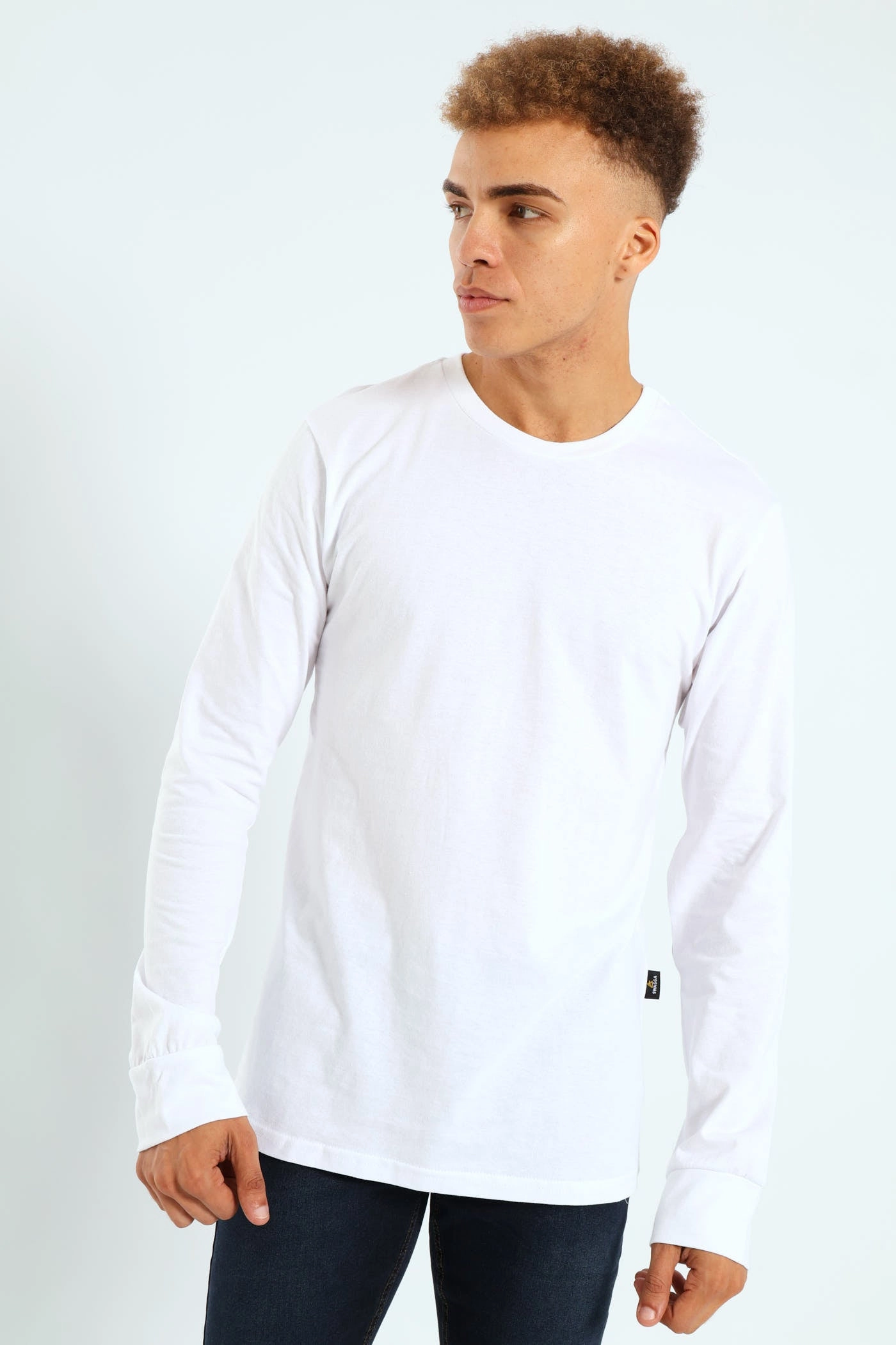 Long Sleeve Basic Crew Cuff Tee - White