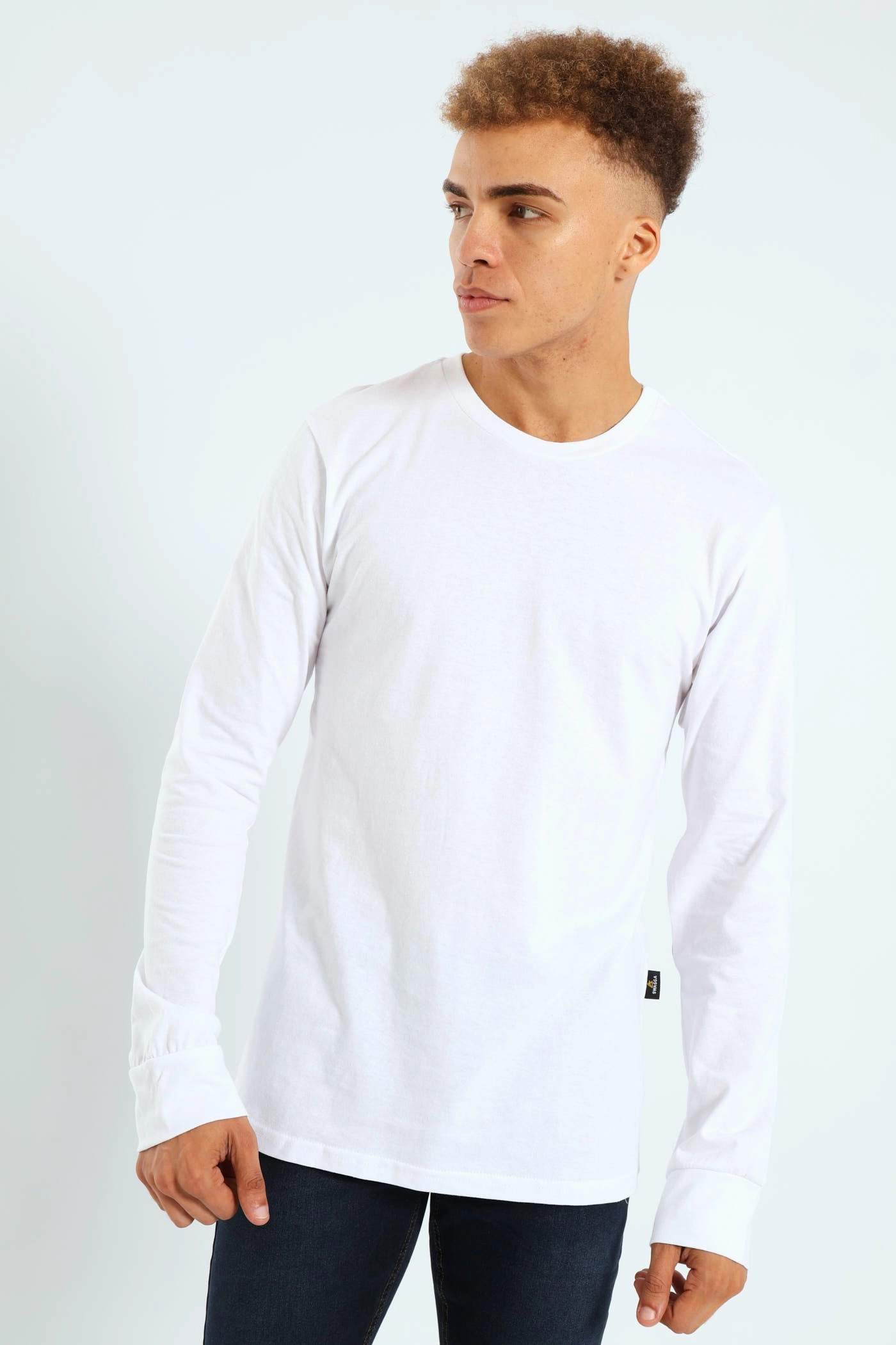 Long Sleeve Basic Crew Cuff Tee - White