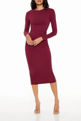 Long Sleeve Bodycon Midi Dress - Burgundy Street fashion Printed fashion
