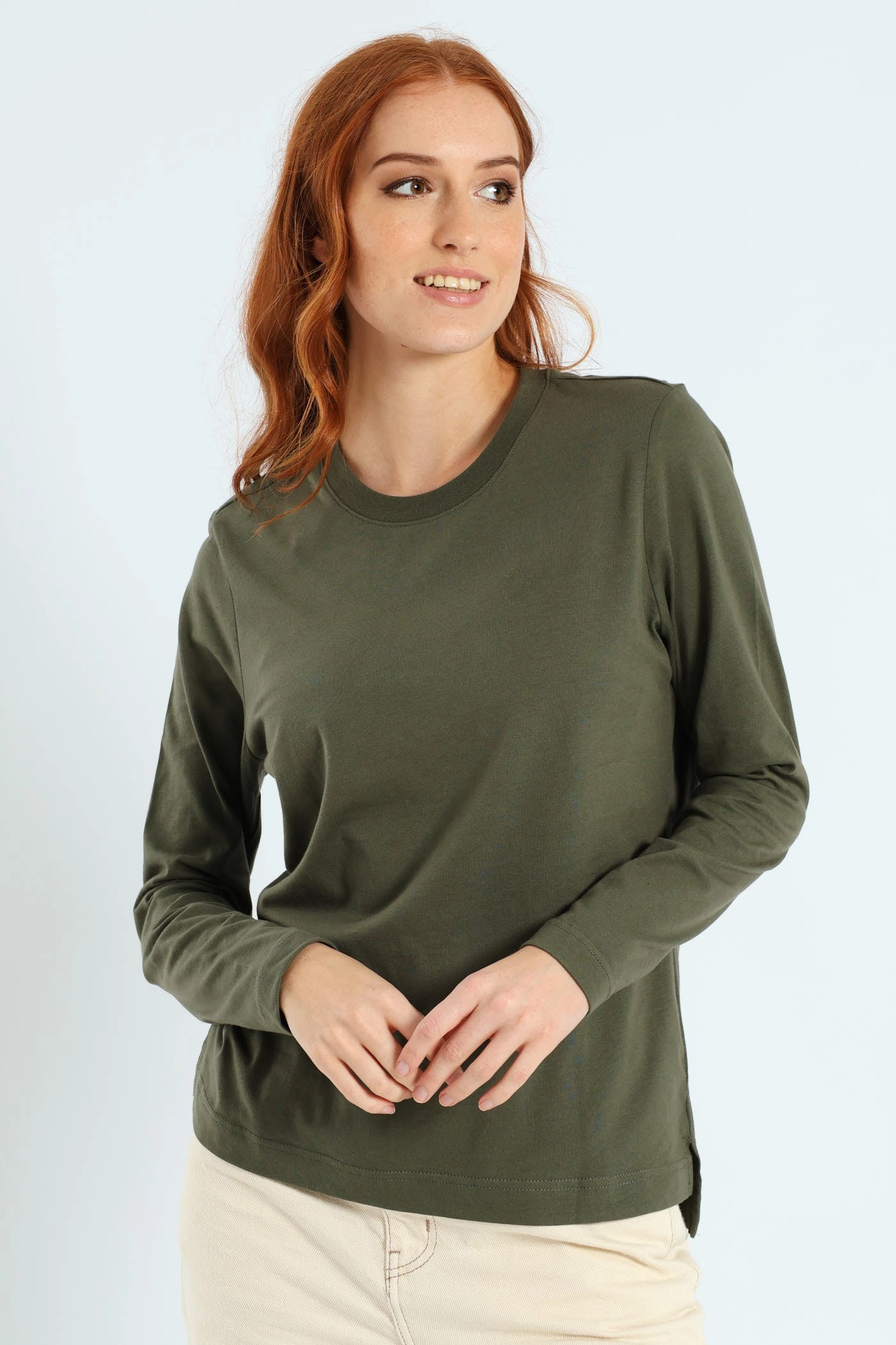 Long Sleeve Boxy Step Hem Crewneck Top - Military Green