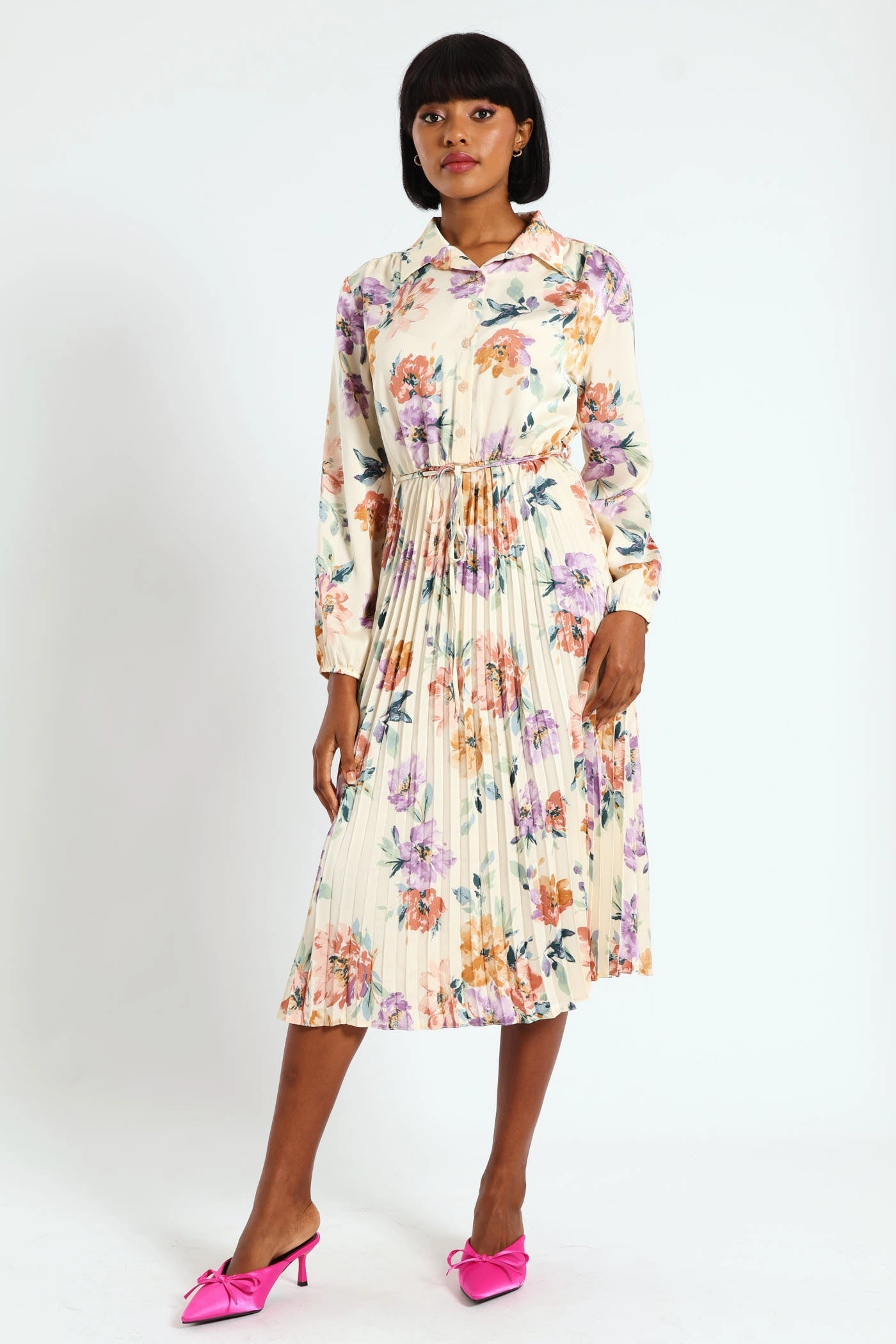 Long Sleeve Button Through Pleated Dress - Cream Fashion collections Activewear gear