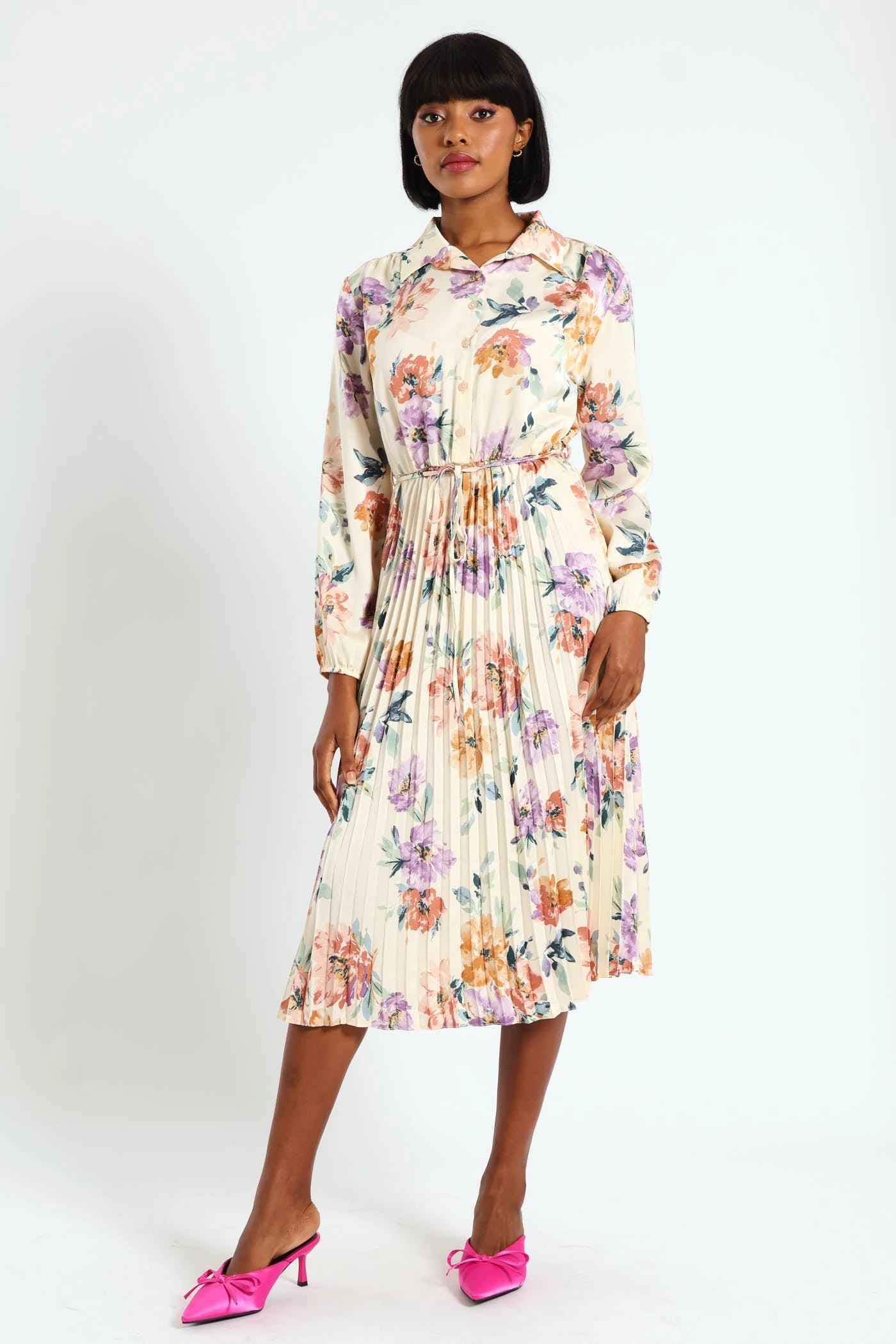 Long Sleeve Button Through Pleated Dress - Cream Fashion accessories Popular fashion picks