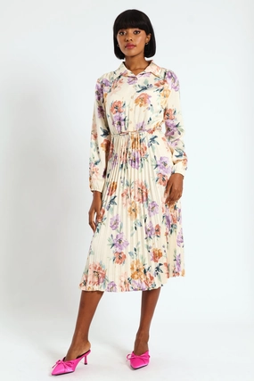 Long Sleeve Button Through Pleated Dress - Cream Fashion collections Activewear gear