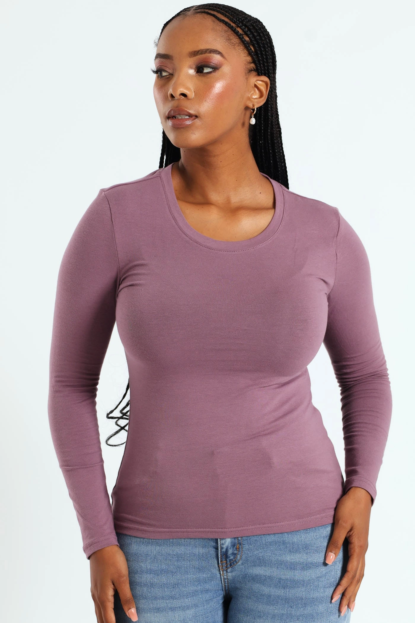 Long Sleeve Cotton Lycra Crew Top - Plum
