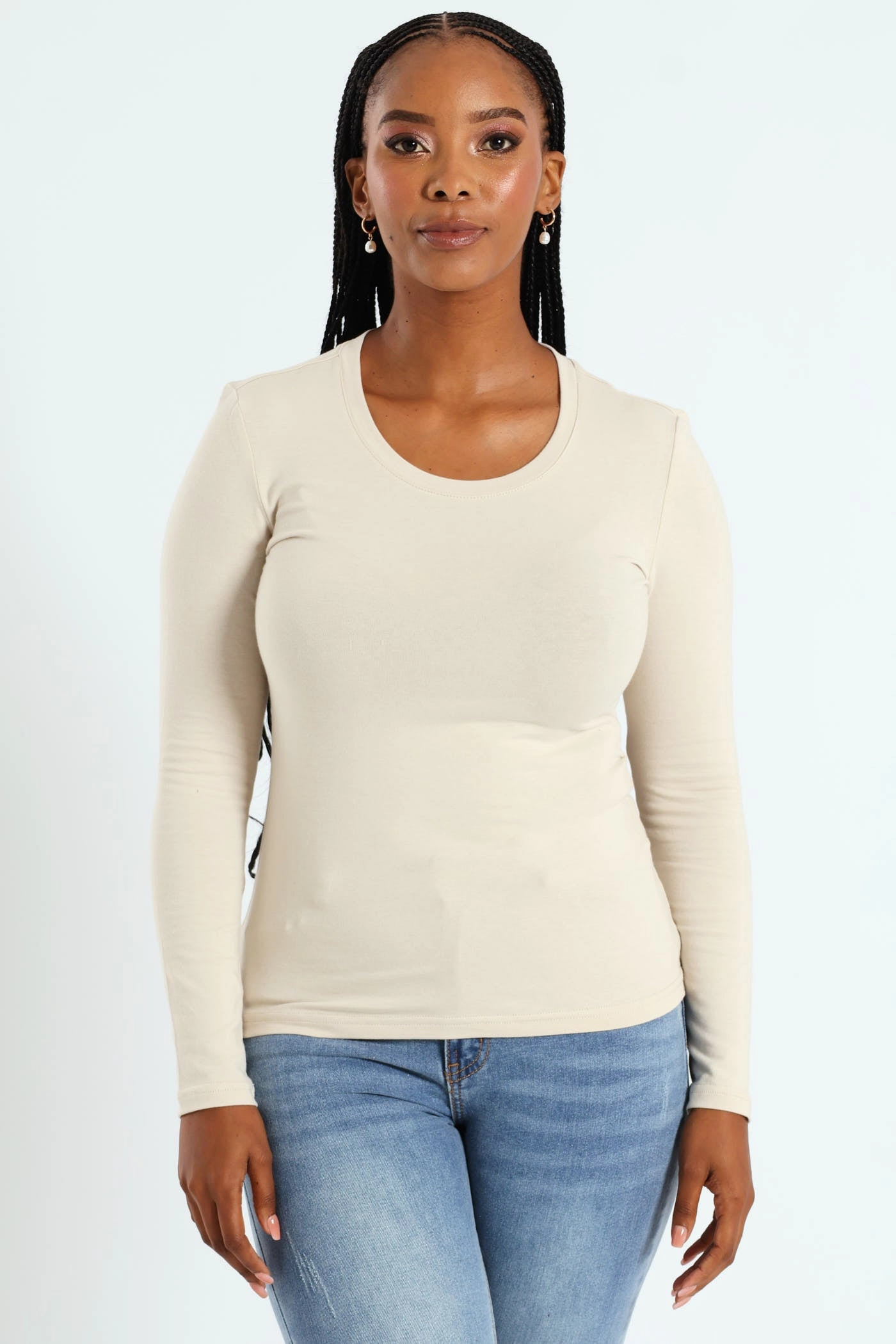 Long Sleeve Cotton Lycra Crew Top - Sandstone