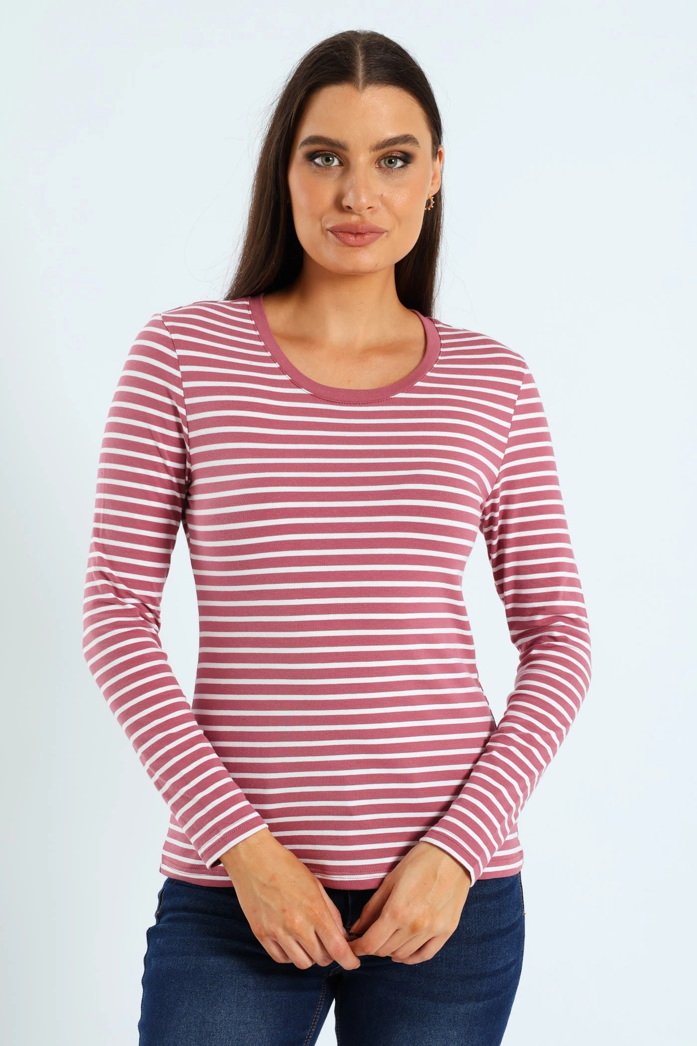 Long Sleeve Cotton Lycra Striped Crew Top - Rose/Cream