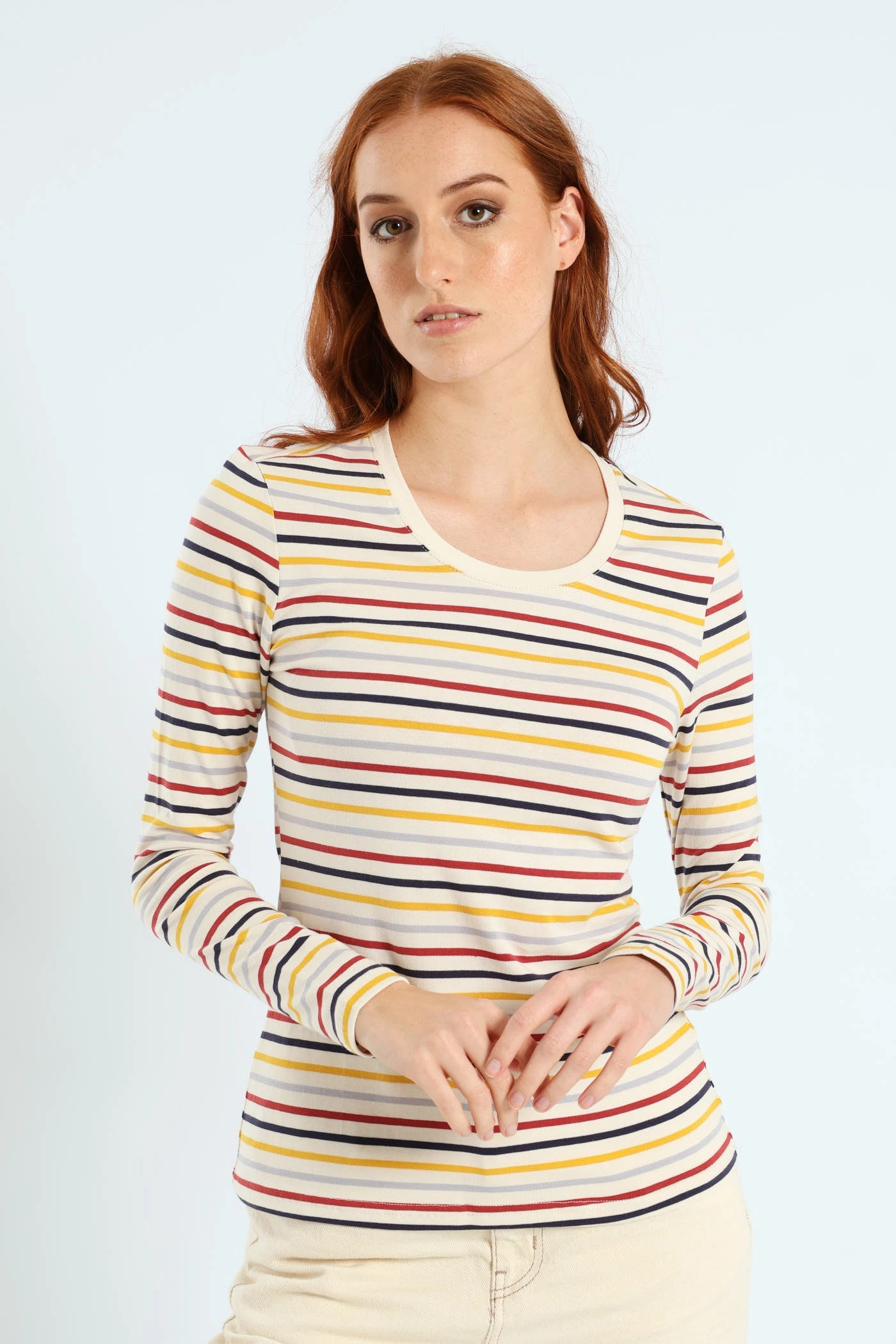 Long Sleeve Cotton Lycra Striped Crew Top