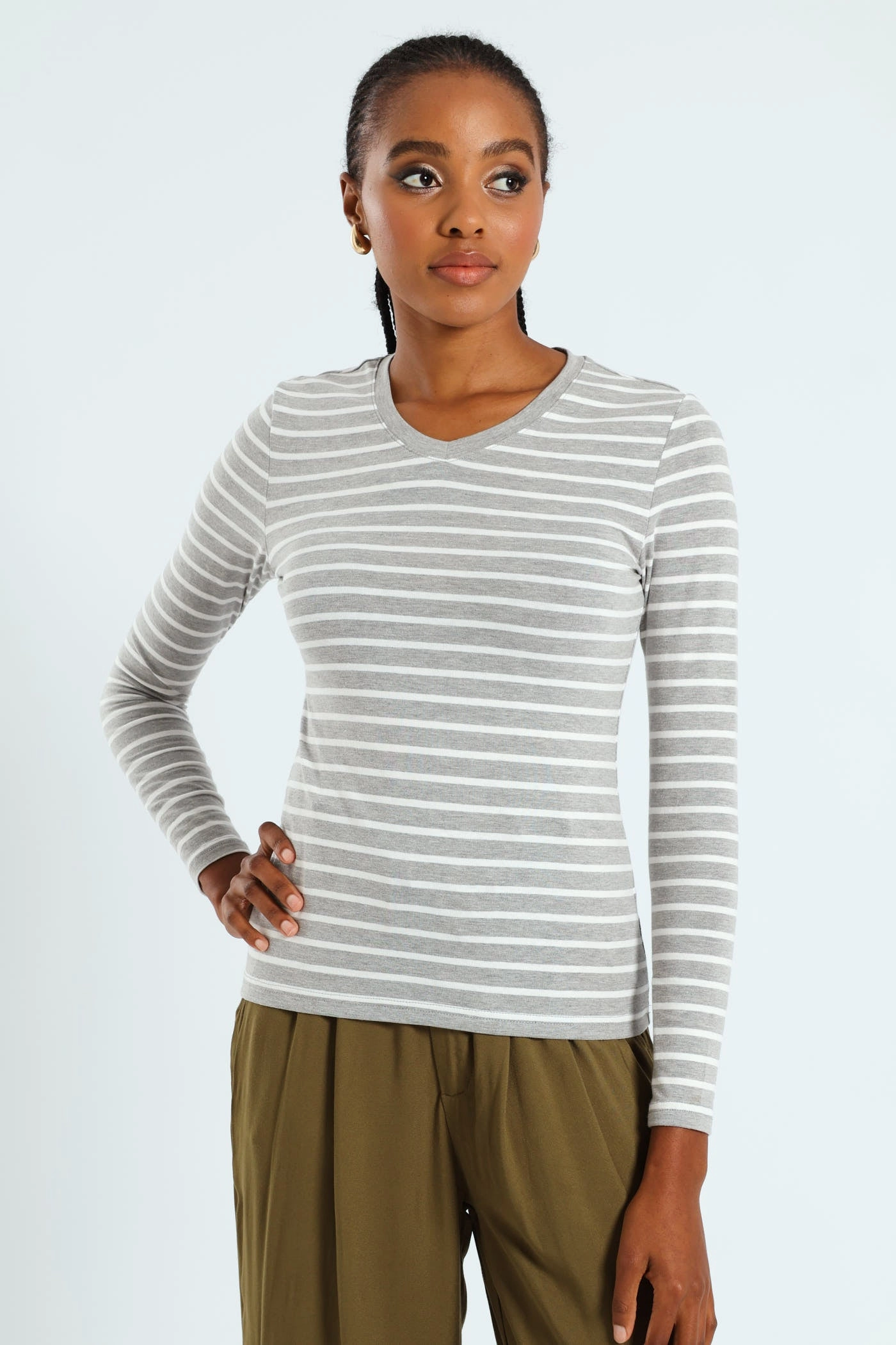Long Sleeve Cotton Lycra Striped Tee - Grey/White