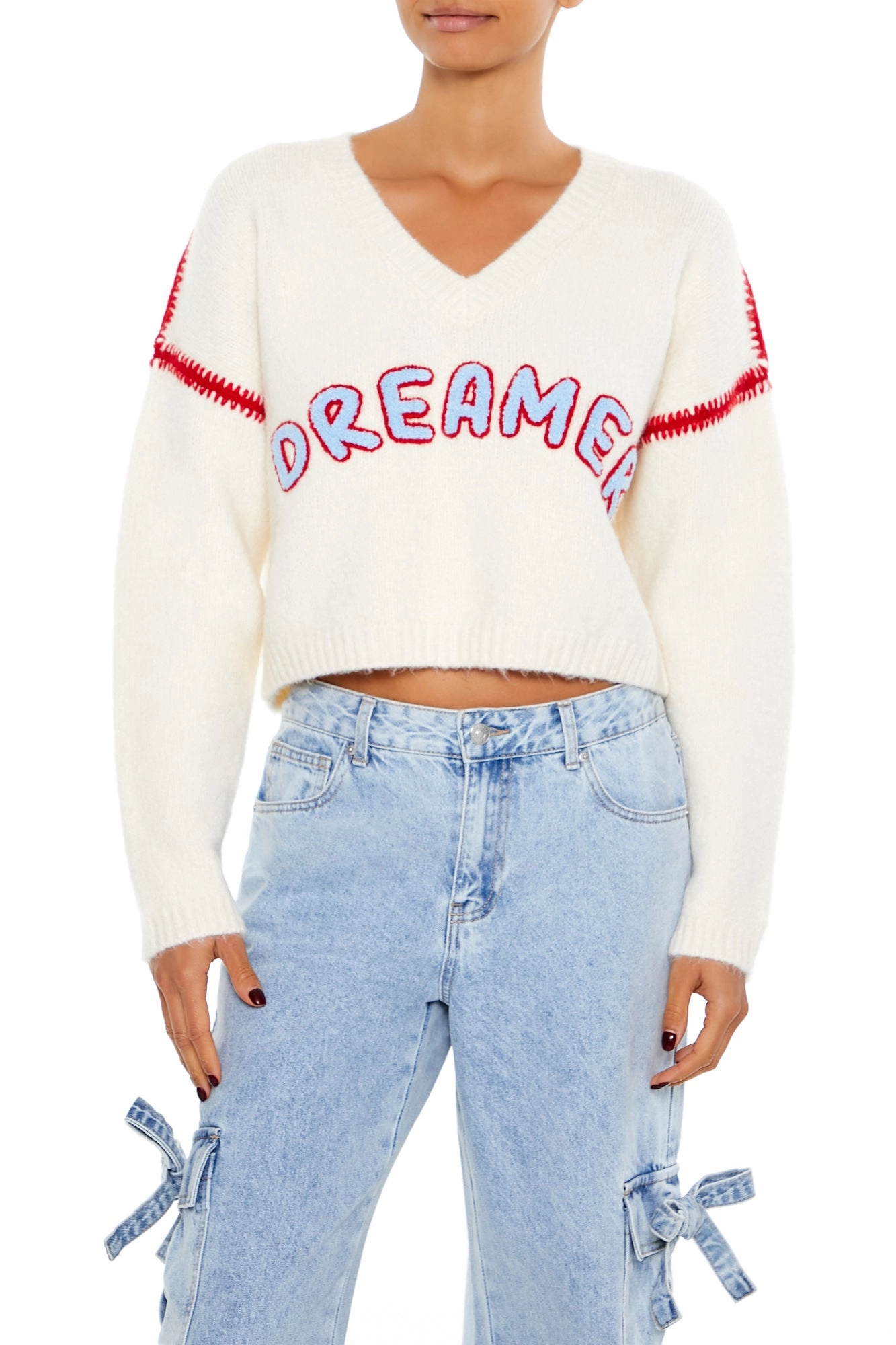 Long Sleeve Cropped Sweater Top - Cream