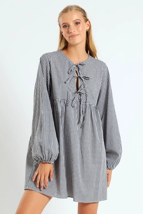 Long Sleeve Gingham Bow Mini Dress - Black/White Popular fashion picks Sustainable fashion