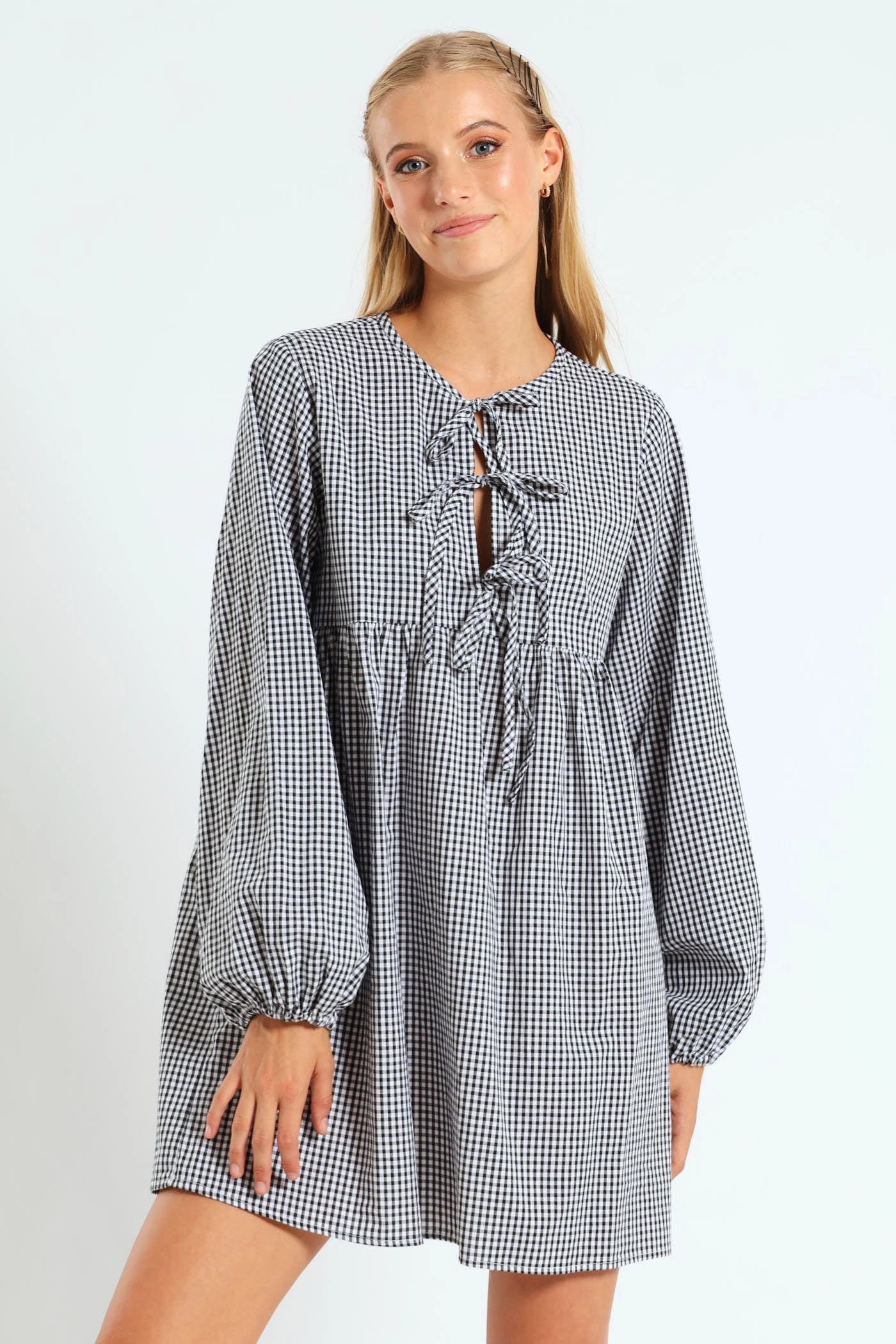 Long Sleeve Gingham Bow Mini Dress - Black/White Popular fashion picks Sustainable fashion