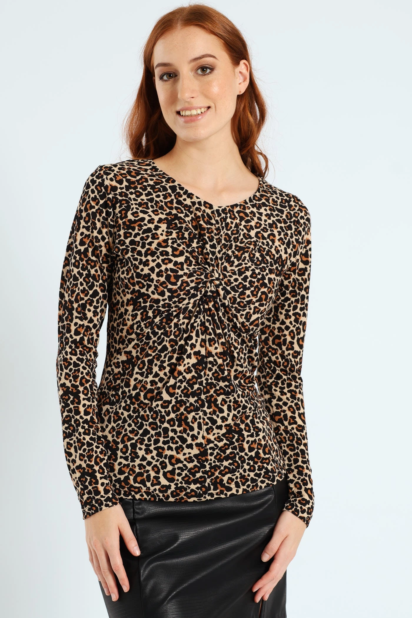 Long Sleeve Knot Front Rib Top - Animal Print