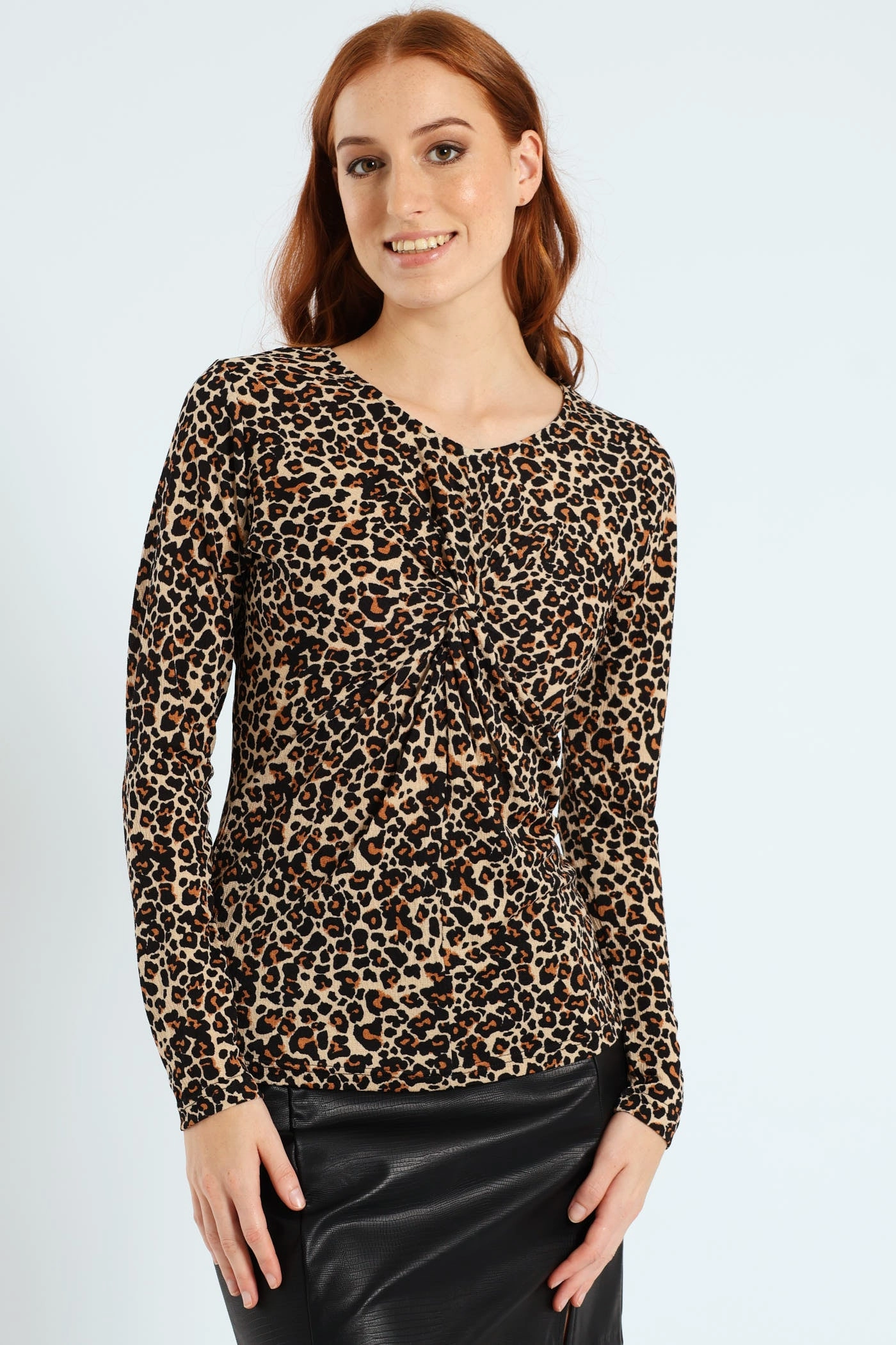 Long Sleeve Knot Front Rib Top - Animal Print