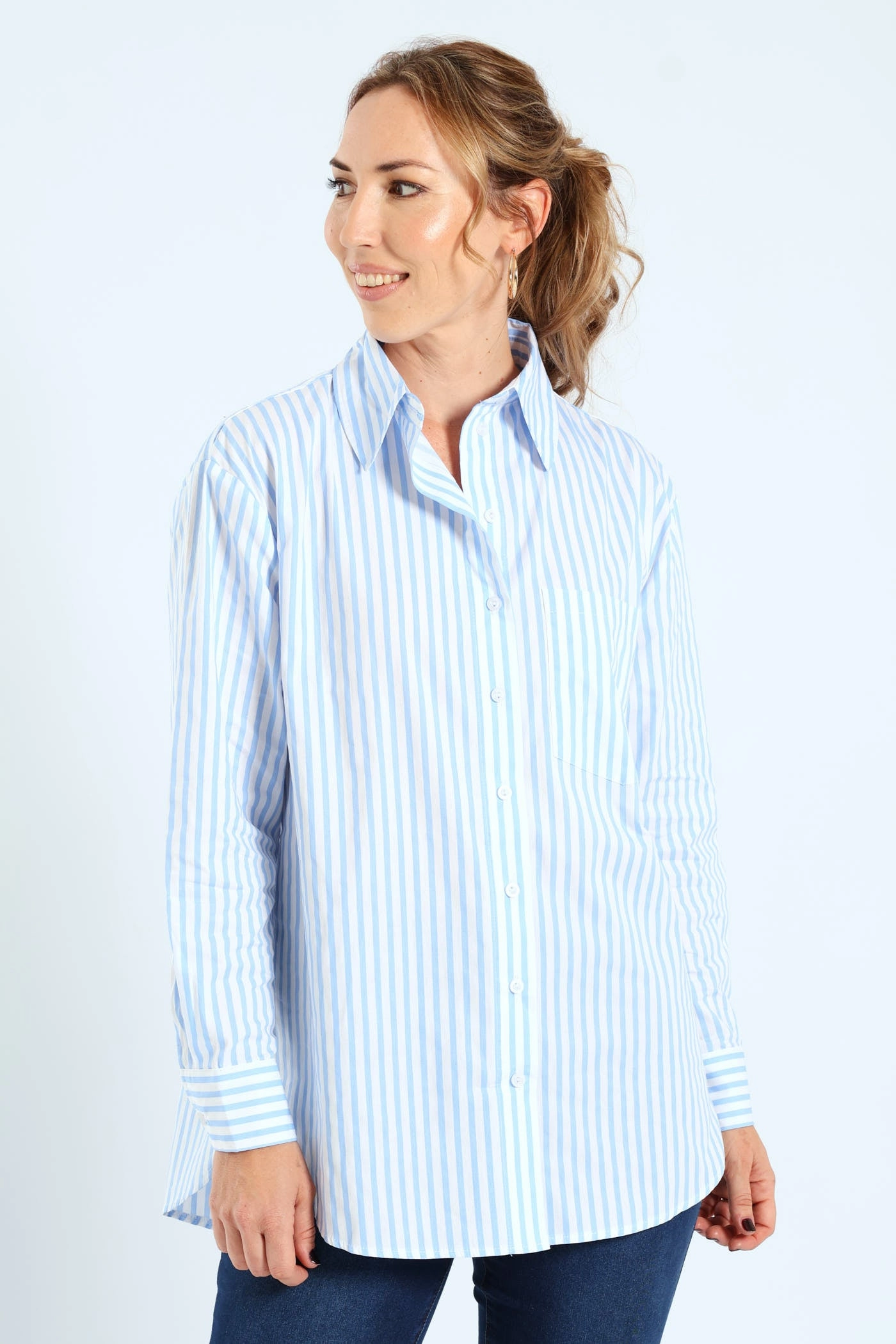 Long Sleeve Oversized Stripe Poplin Shirt - White/Blue Fashion trends by region Suede - finished fashion
