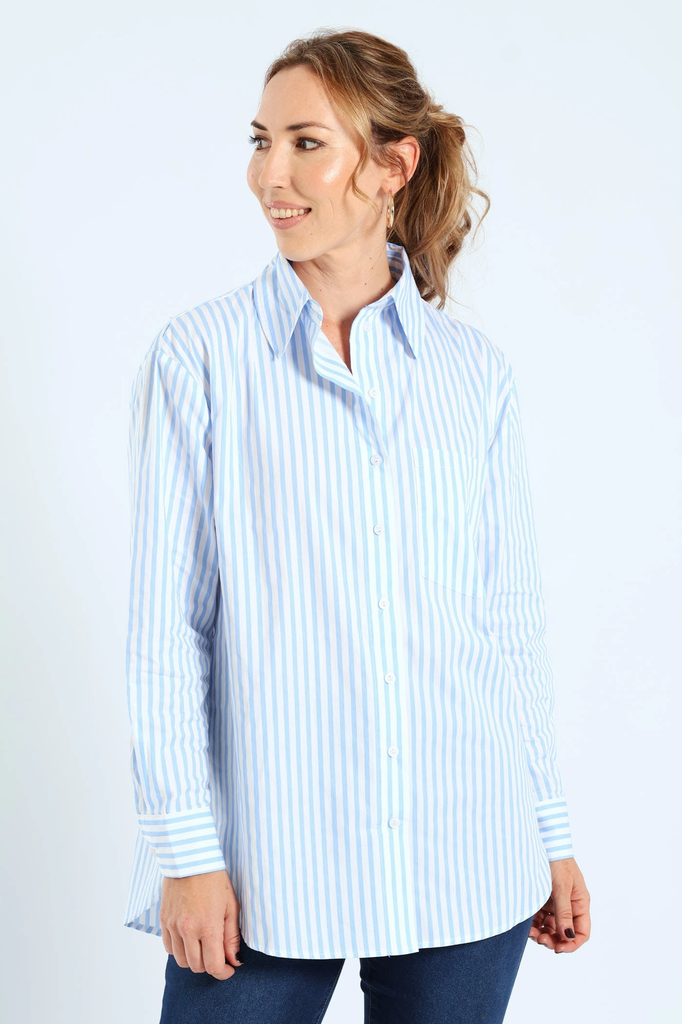 Long Sleeve Oversized Stripe Poplin Shirt - White/Blue Fashion events Fashion technology