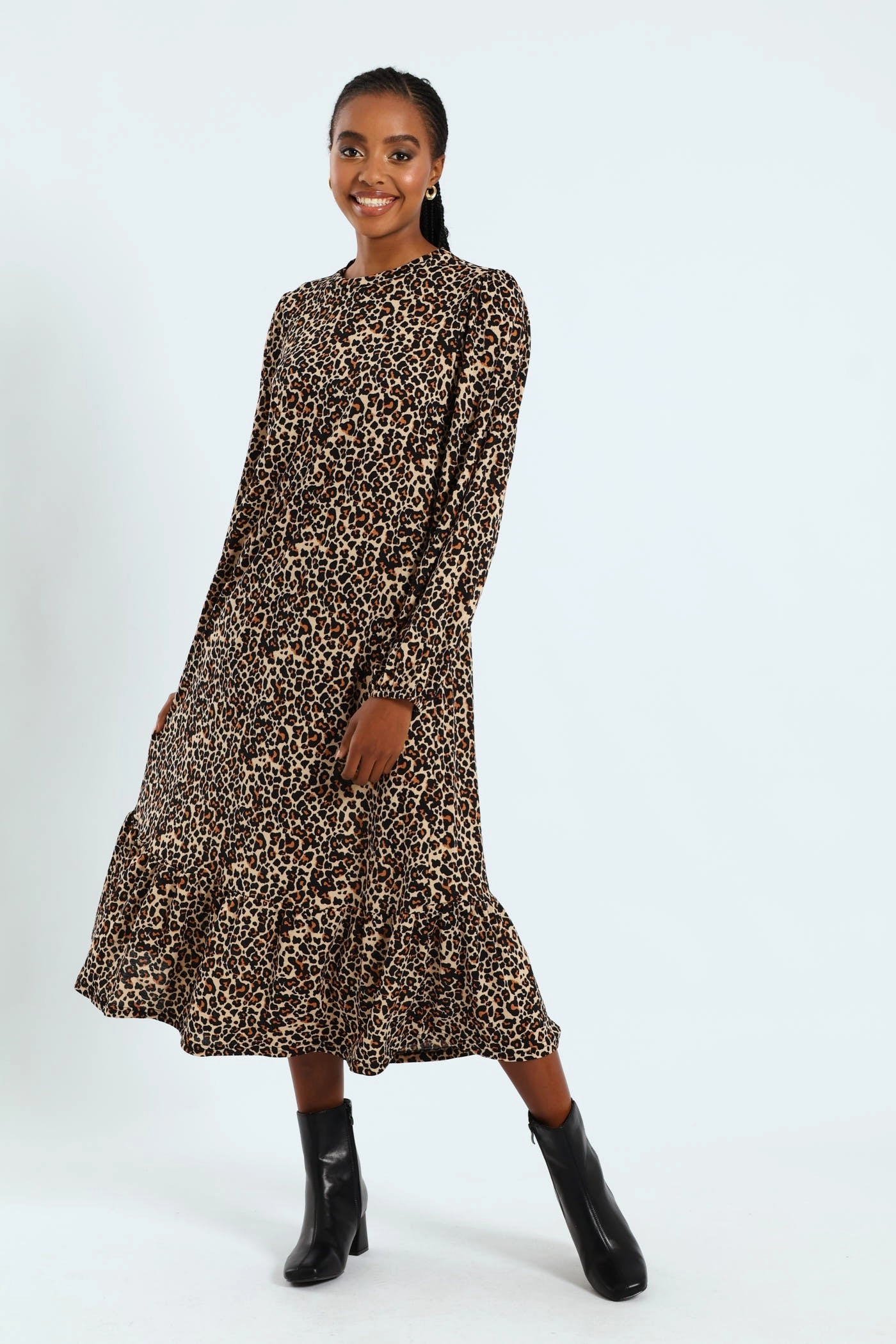 Long Sleeve Puff Sleeve Frill Hem Midi Dress Silk - fabric fashion Fashion boutiques