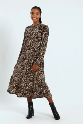 Long Sleeve Puff Sleeve Frill Hem Midi Dress Patterned fashion (floral, stripes, etc.) Street fashion