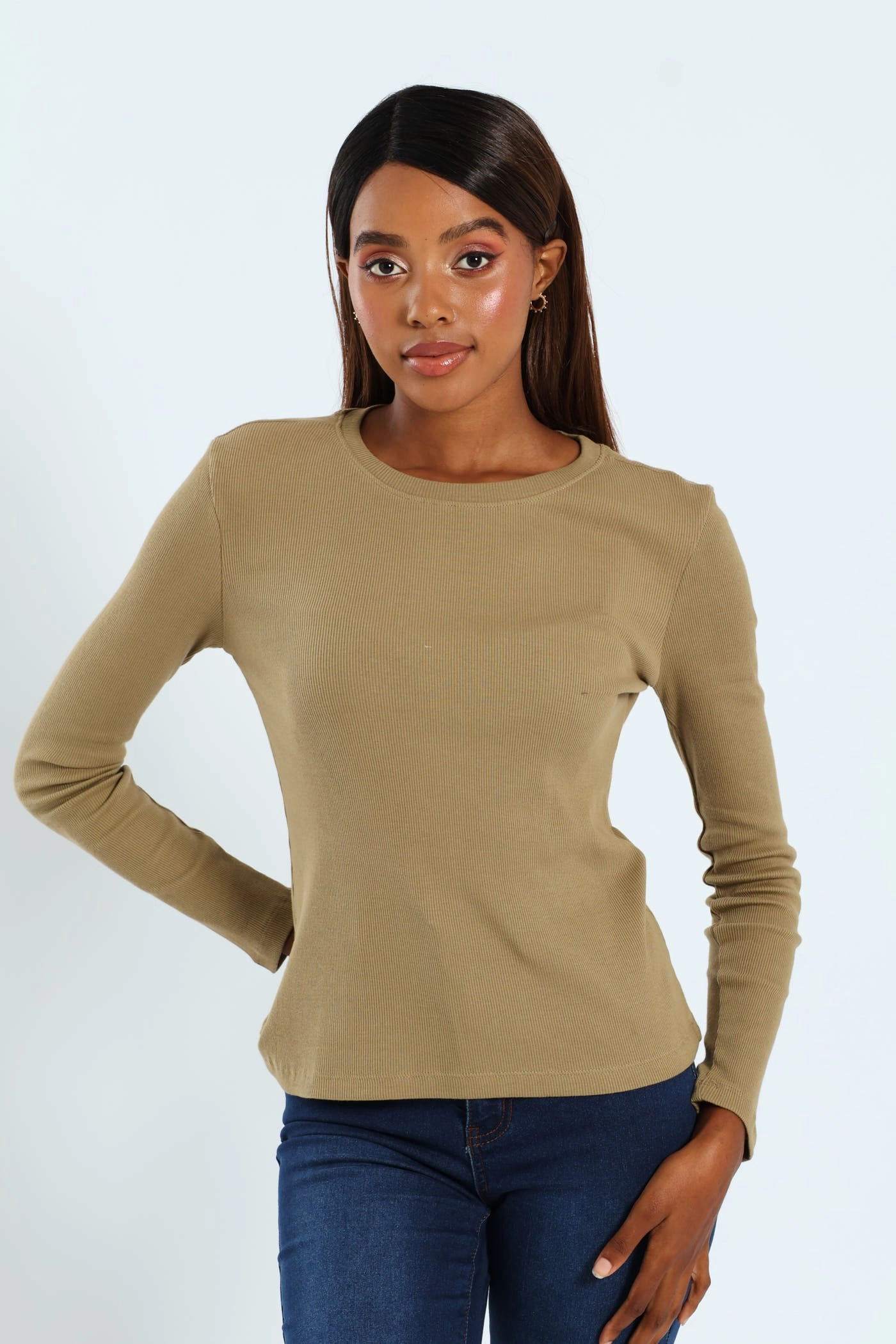 Long Sleeve Rib Crew Top - Moss Green