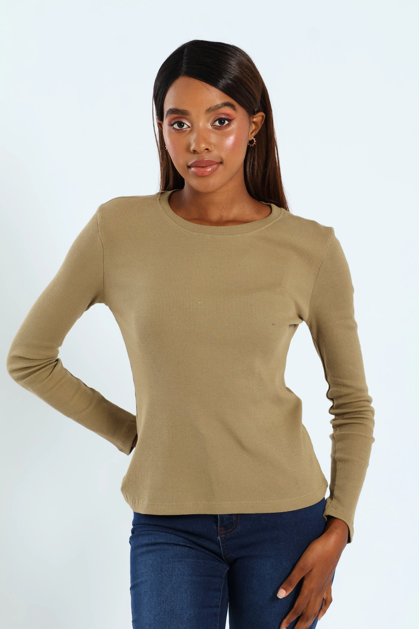 Long Sleeve Rib Crew Top - Moss Green