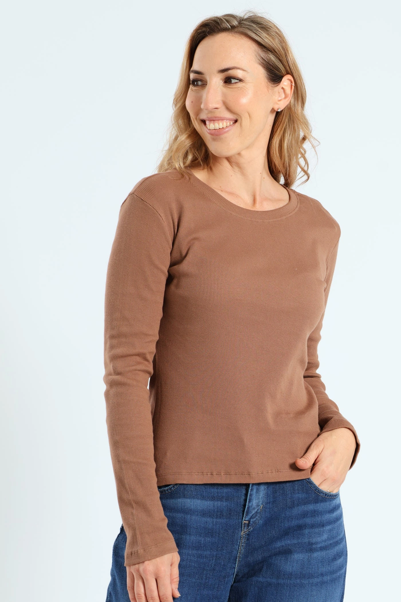 Long Sleeve Rib Crew Top - Rich Cocoa