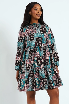 Long Sleeve Shirred Yoke Tiered Babydoll Mini Dress Vintage - inspired fashion Athleisure fashion