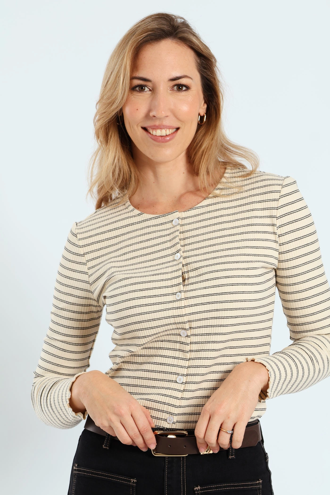 Long Sleeve Stripe Button Through Rib Tee - Cream/Black