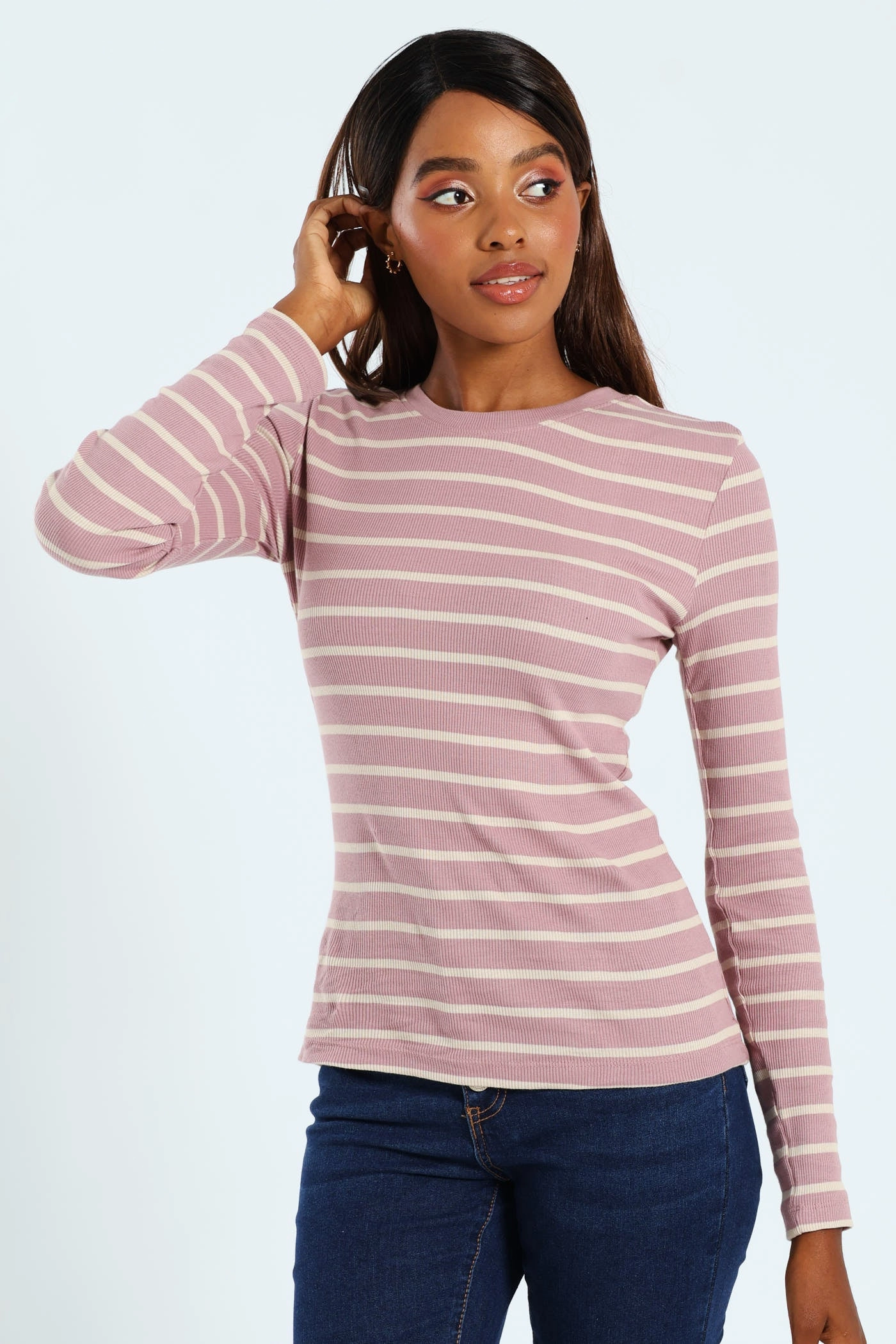 Long Sleeve Striped Rib Crew Top - Blush/Stone