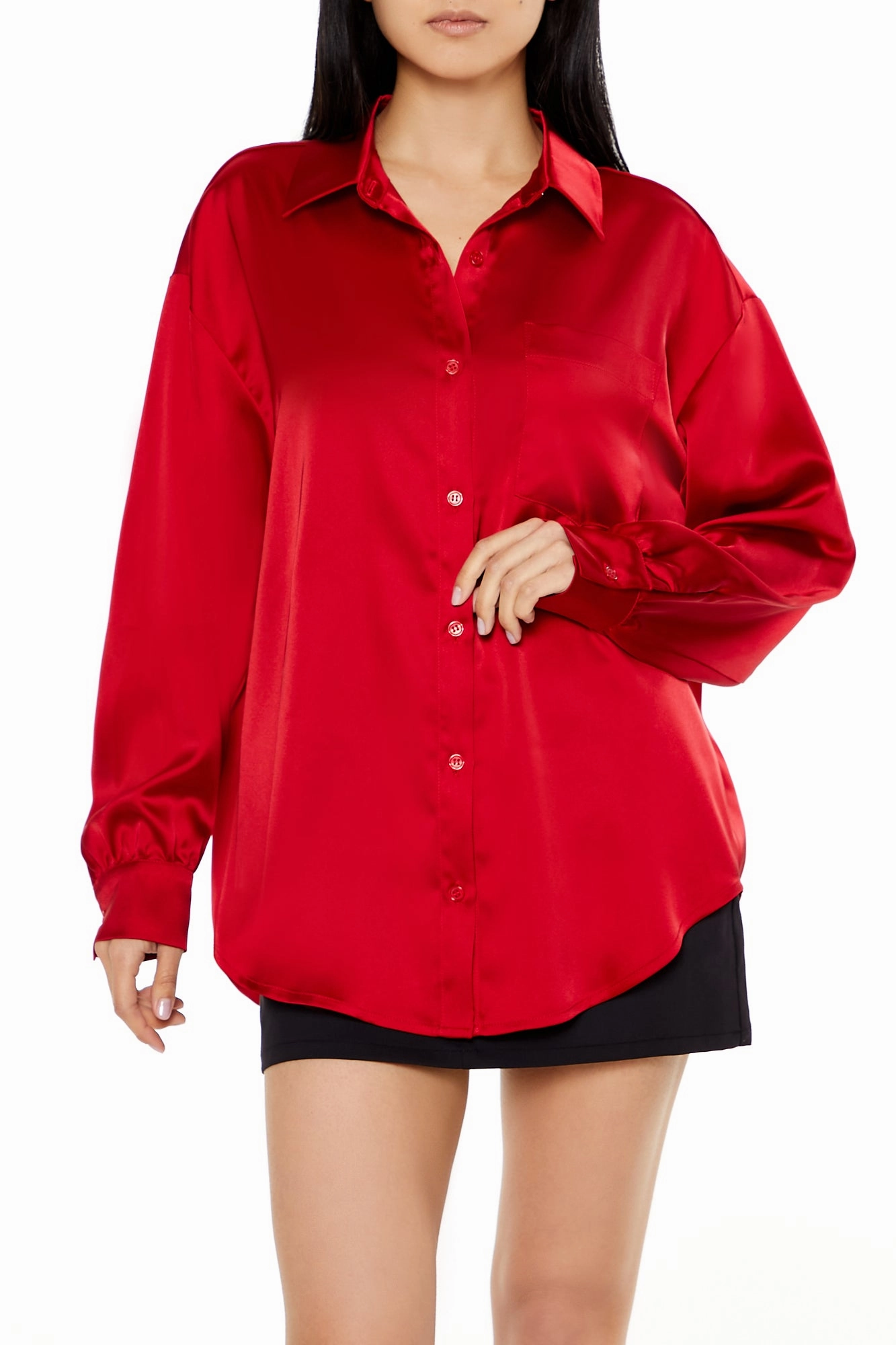 Long Sleeve Woven Button Down Top - Red