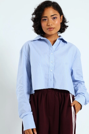 Long Sleeve Yarn Dyed Crop Shirt - Blue Fashion lookbook Sustainable fashion practices