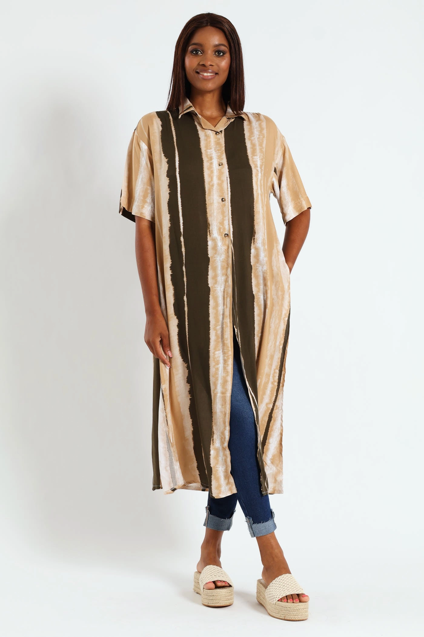 Longline Tunic Shirt With Slits - Multi