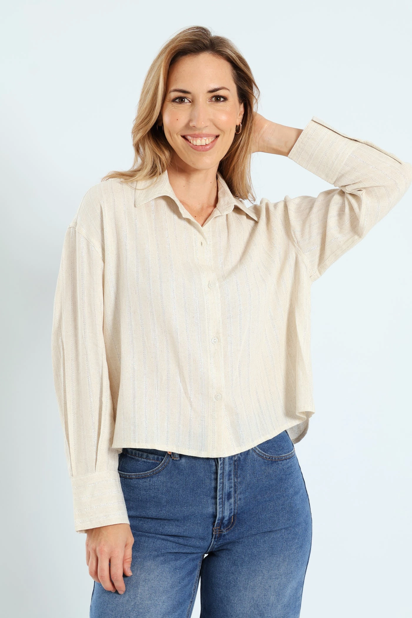 Lurex Stripe Boxy Linen Shirt - White/Beige Luxury fashion items Fashion labels