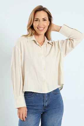 Lurex Stripe Boxy Linen Shirt - White/Beige Fashion brands Sustainable fashion