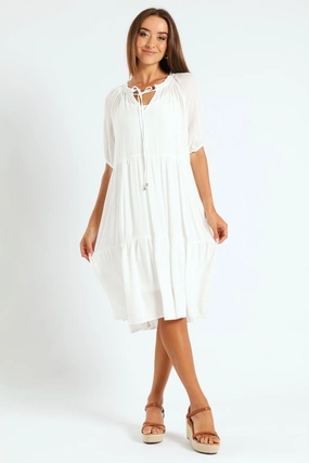 Lurex Stripe Tiered Dobby Mini Dress - Bright White Upcycled fashion Ethical fashion choices