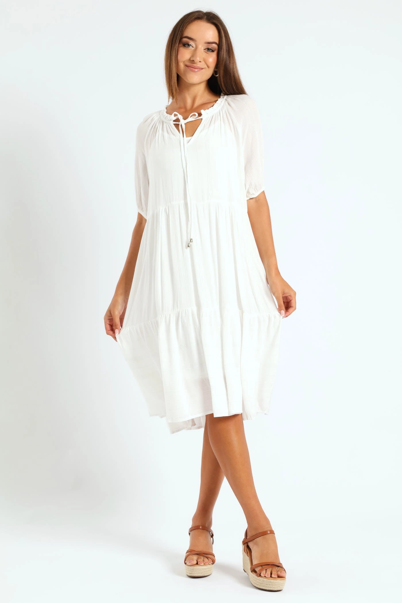 Fashion-forward items Lurex Stripe Tiered Dobby Mini Dress - Bright White Everyday wear
