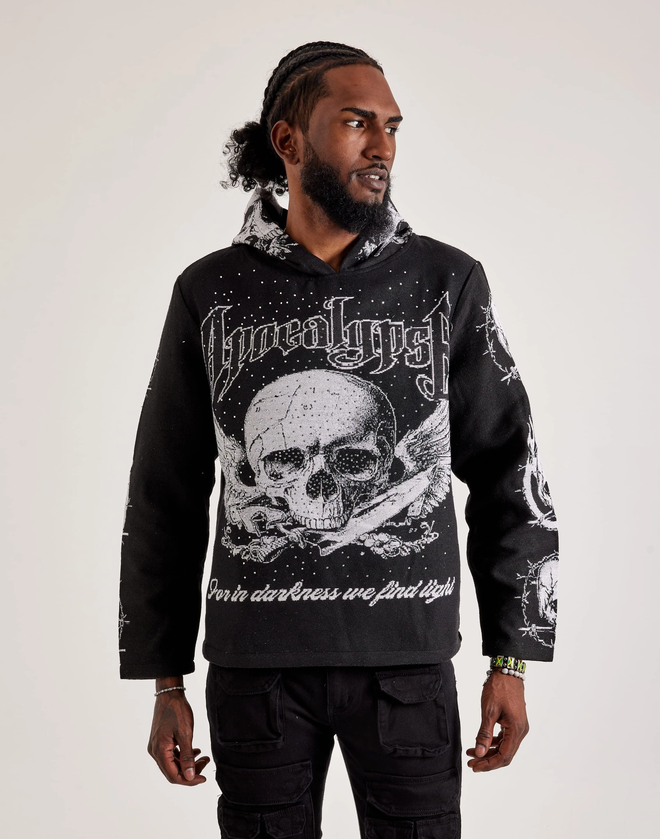 Fashion customization Majestik Embrace The Shadows Rhinestone Tapestry Hoodie Business casual wear