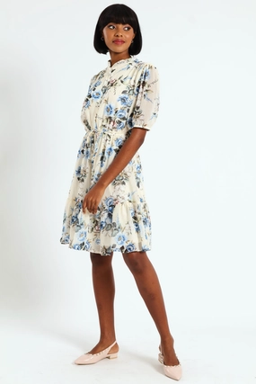 Mandarin Collar 3/4 Sleeve Tea Dress - White/Blue Organic fashion products Clearance fashion