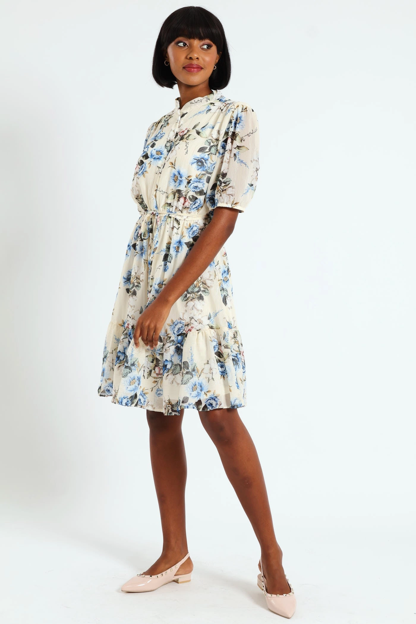 Workwear options Mandarin Collar 3/4 Sleeve Tea Dress - White/Blue Fashion inspiration